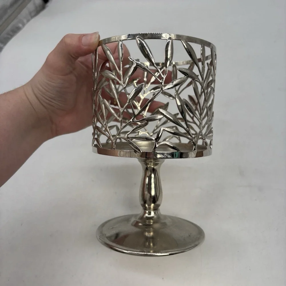 Bath & Body Works Vine Leaf Pattern Silver 3-Wick Pedestal Candle Holder